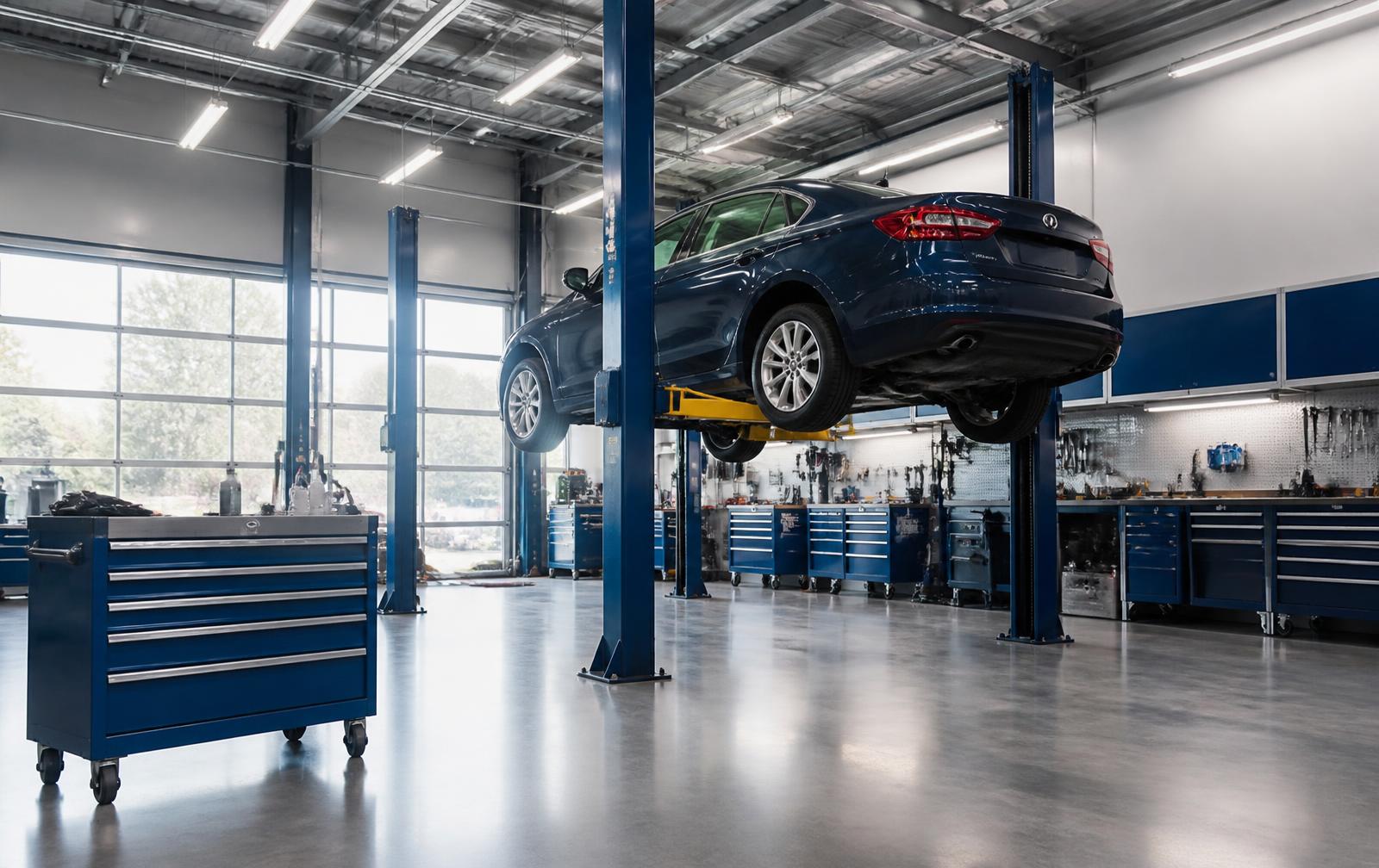 Service bay at E&D Auto Repair and Rebuild with a car on the lift